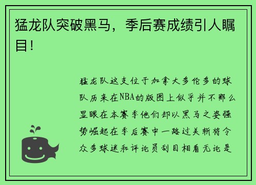 猛龙队突破黑马，季后赛成绩引人瞩目！